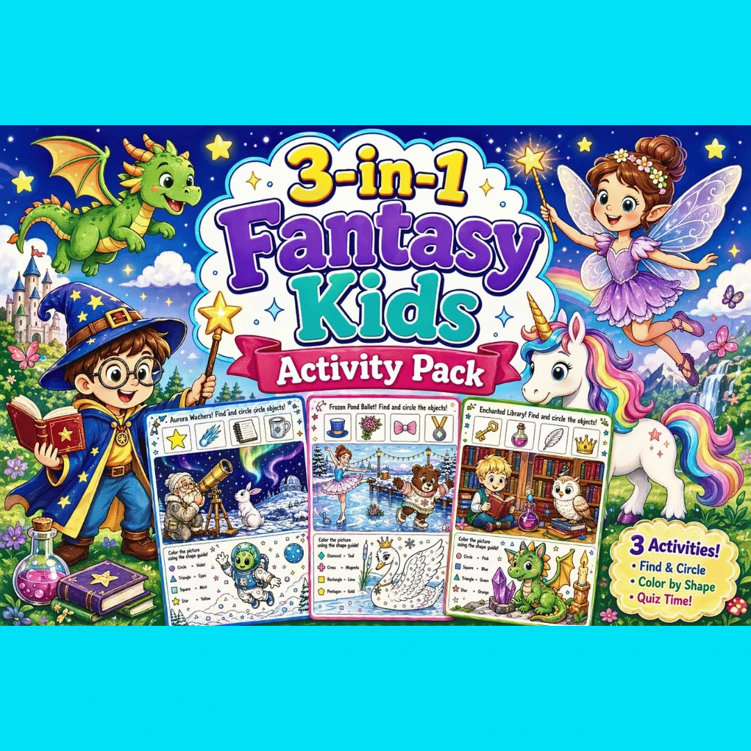 Creative puzzle and storytelling activities inside the 3-in-1 Fantasy Kids Activity Pack